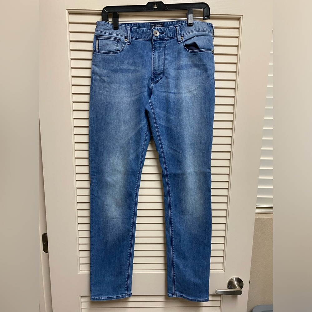 Armani Jeans Fitted J06 Mens 31x32 (31x31) Blue Stretch Metal Logo Leather Tag